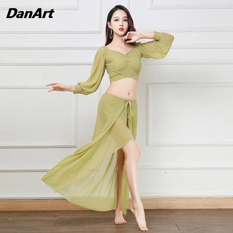 

Plus Size Sexy Top+Slit Skirt Women's Dance Costume Set New Mesh Belly Dance Practice Outfit Eastern Dance Performance Outfit