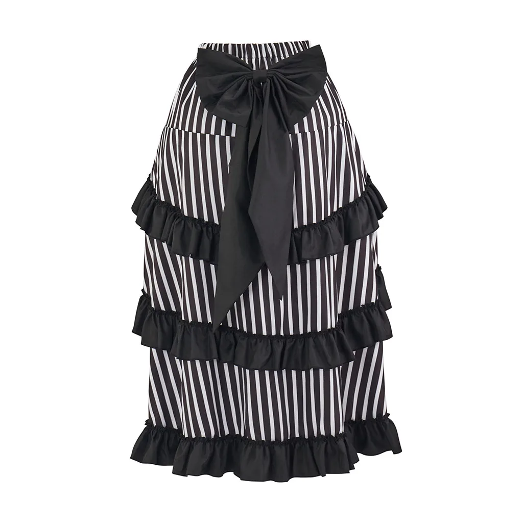 Lady Gothic Steampunk Stripe Skirt Vintage Bustle Dress Costume Ruffled High Waisted Long Victorian Skirts view 3