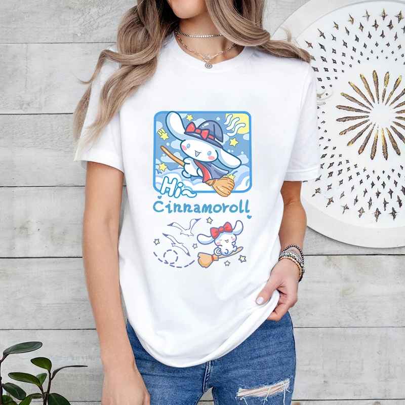 Cute Cinnamoroll flight print ladies T-shirt pure cotton short-sleeved loose top casual women's clothing