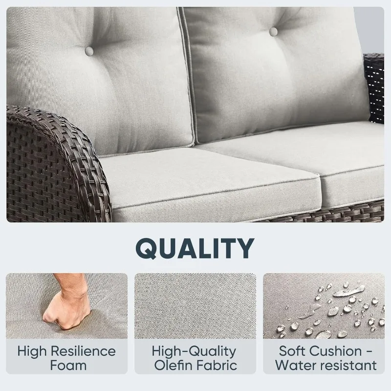 طقم أثاث للفناء الخارجي مكون من 5 قطع مع كراسي هزازة دوارة للجلوس العميق وطاولة قهوة من الخيزران في الهواء الطلق