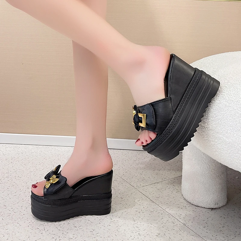 LazySea 12cm Super High Heels Women Platform Slipper Bow Metal Dec Height Increasing Slides Women Wedge Shoes Outside Beach Shoe