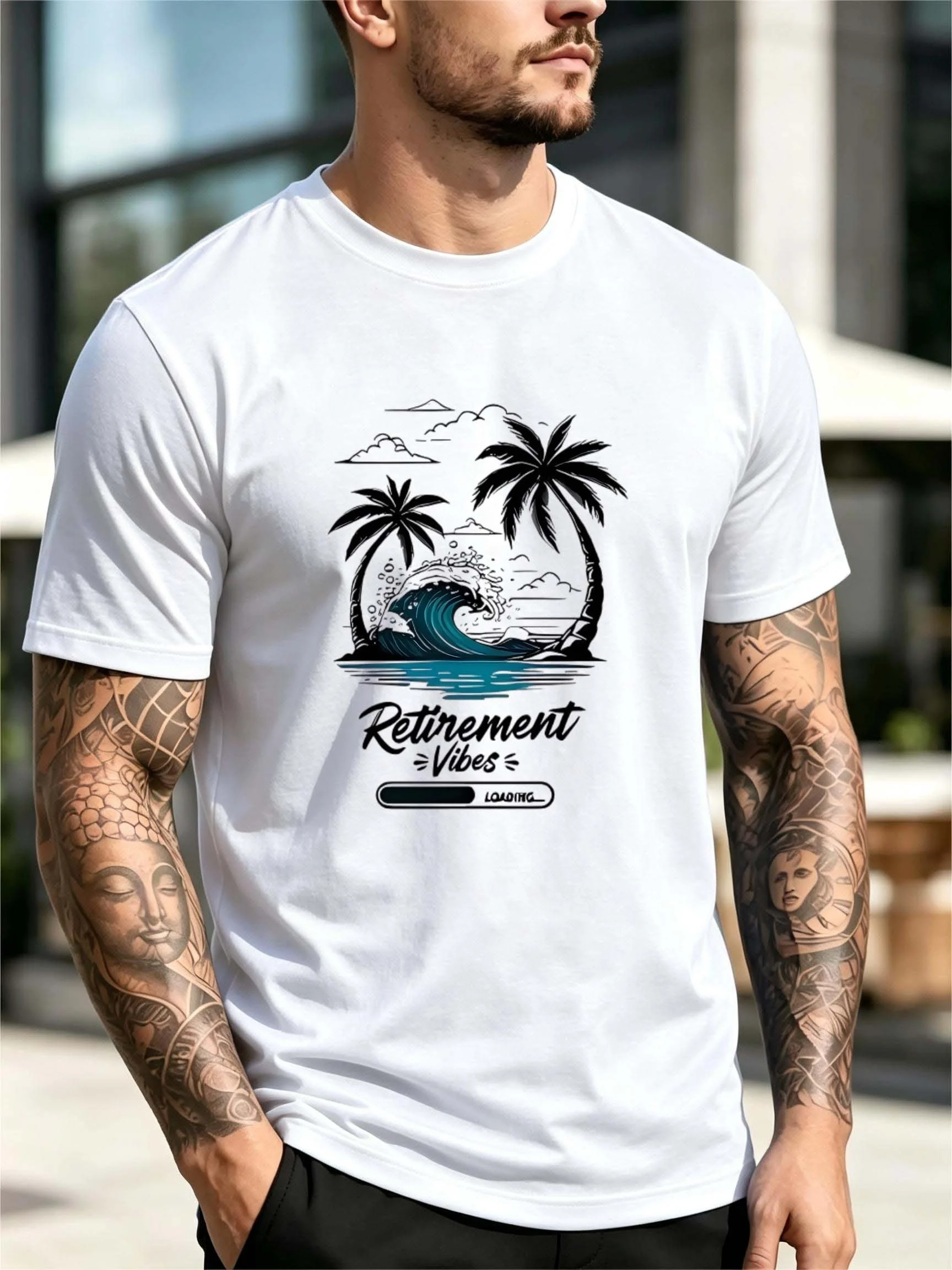 Men' Oversized Crew Neck T-Shirt with Coastal Palm Wave  Retirement Bar Print - Suitable for Vacation, Beachwear, Retirement Gifts, Breathable Loose Fit Short Sleeve Tee, SpringAutumn Casual Top