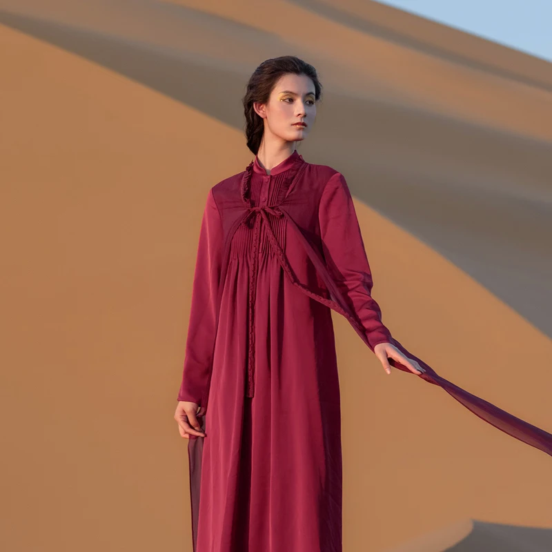 A Life On The Left Women Dress Long Sleeve Stand Collar A-shaped Pleated Lines Design Silk Splicing Elegant Wine Red Long Skirt