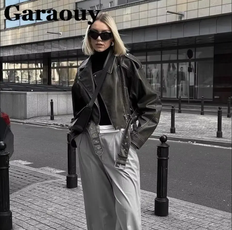 Garaouy 2024 New Spring Woman Faux Leather Jacket Chic Vintage Short Lapel Zipper Belt Biker Coats Fashion Streetwear Mujer Tops