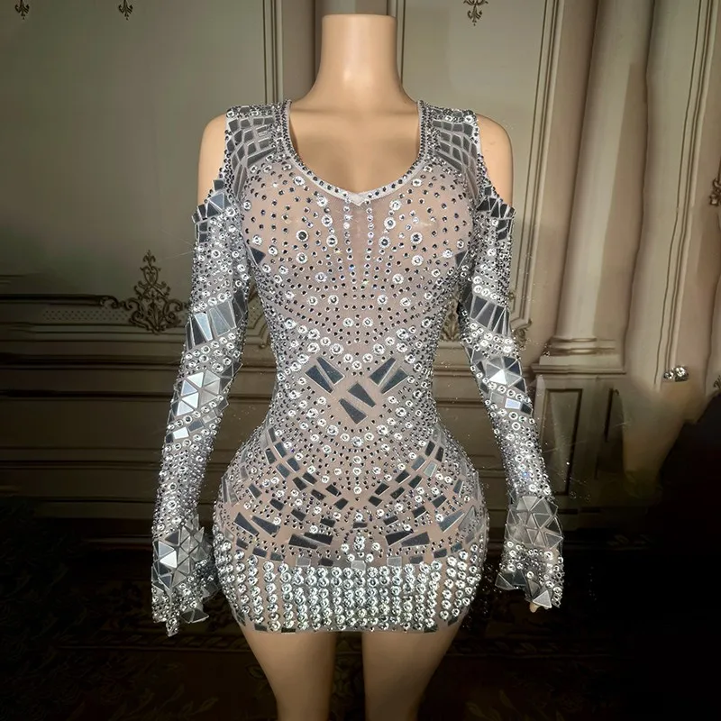 

New Deep V Crystal Sequins Wrapped Buttock Skirt Mirrors Fashion Club Carpet Dancing Costume For Woman