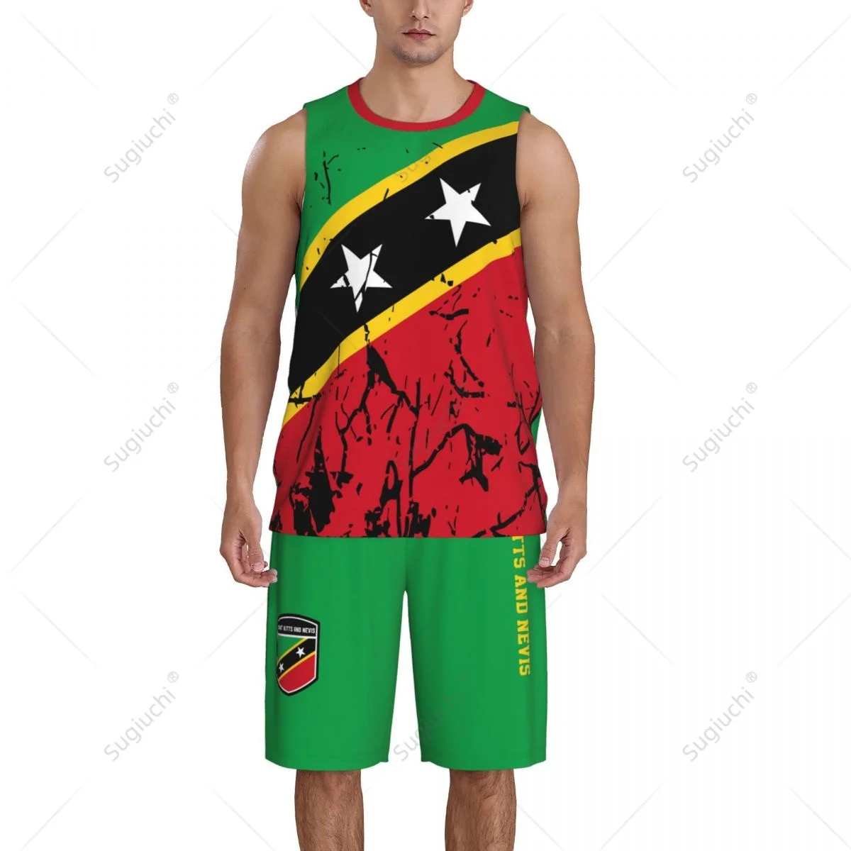 Zespół Saint Kitts i Nevis Flag Grain Men koszulka koszykarska zestaw koszuli i spodni bez rękawów nazwa własna Nunber Exclusive