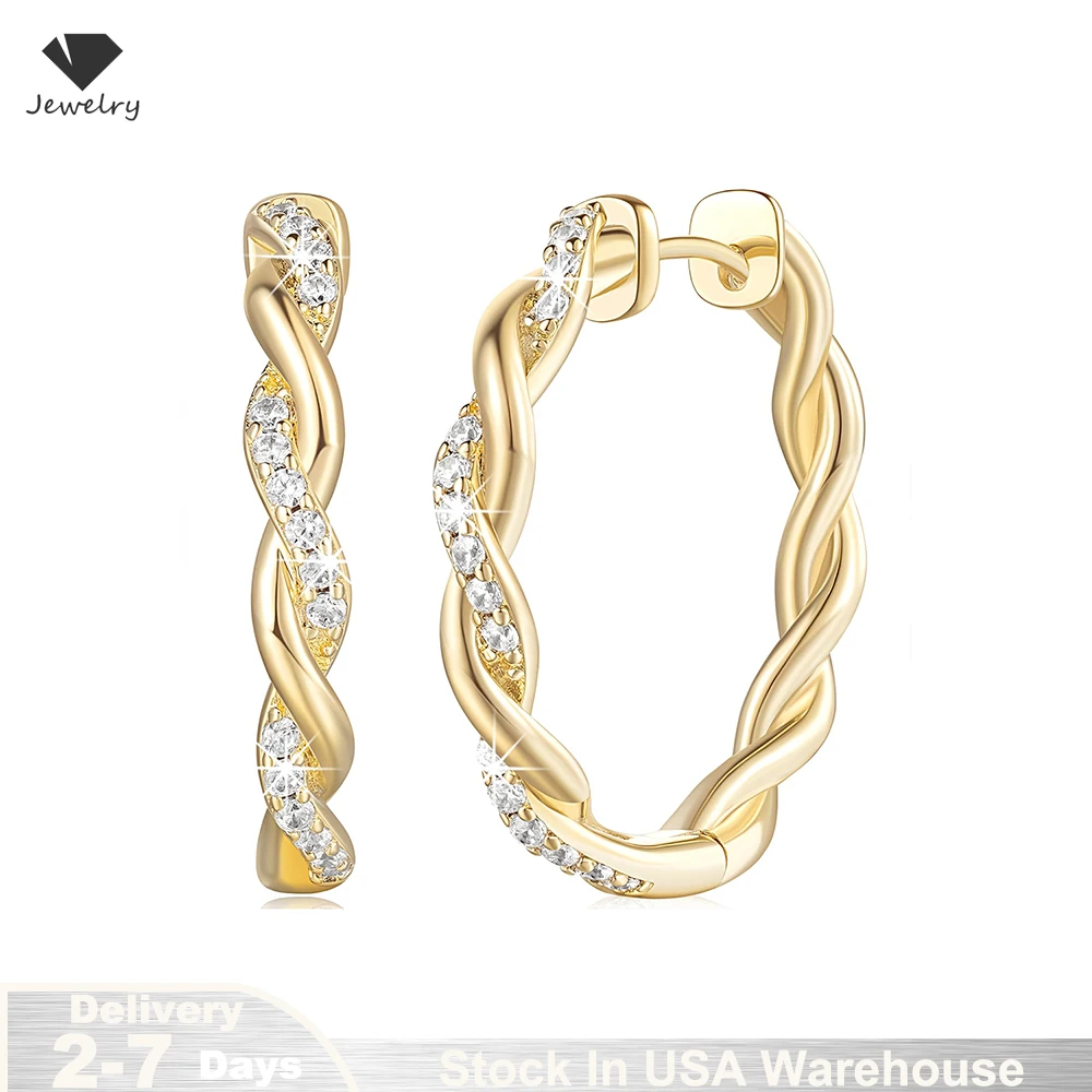 

14K Gold Plated Cubic Zircon Hoop Earrings for Women 925 Sterling Silver Twisted Large Hoop Earrings Fine Jewelry Gift US Stock