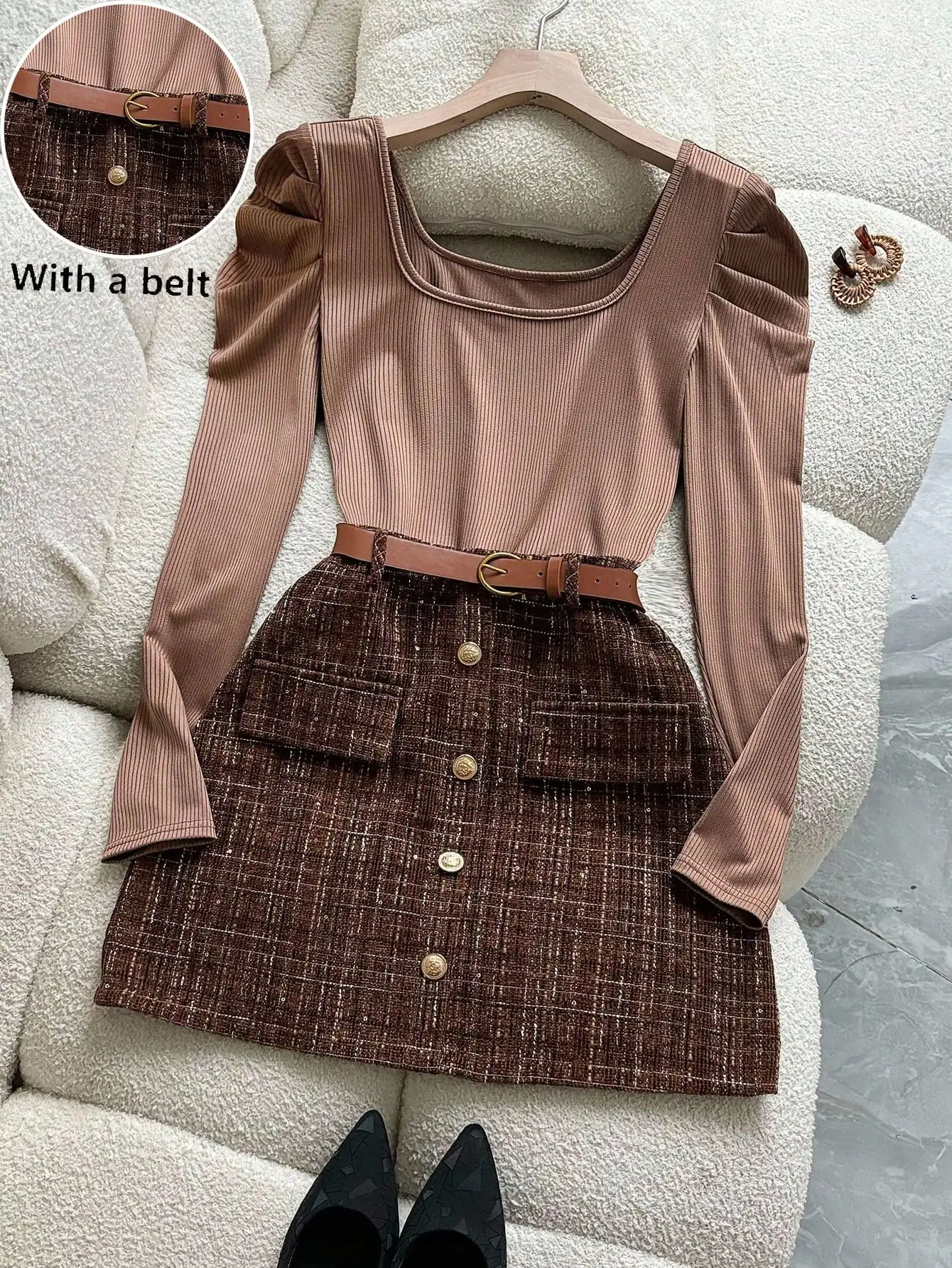 Brown Tweed Plaid Skirt & Ribbed Square Neck Top 2-Piece Set with Belt