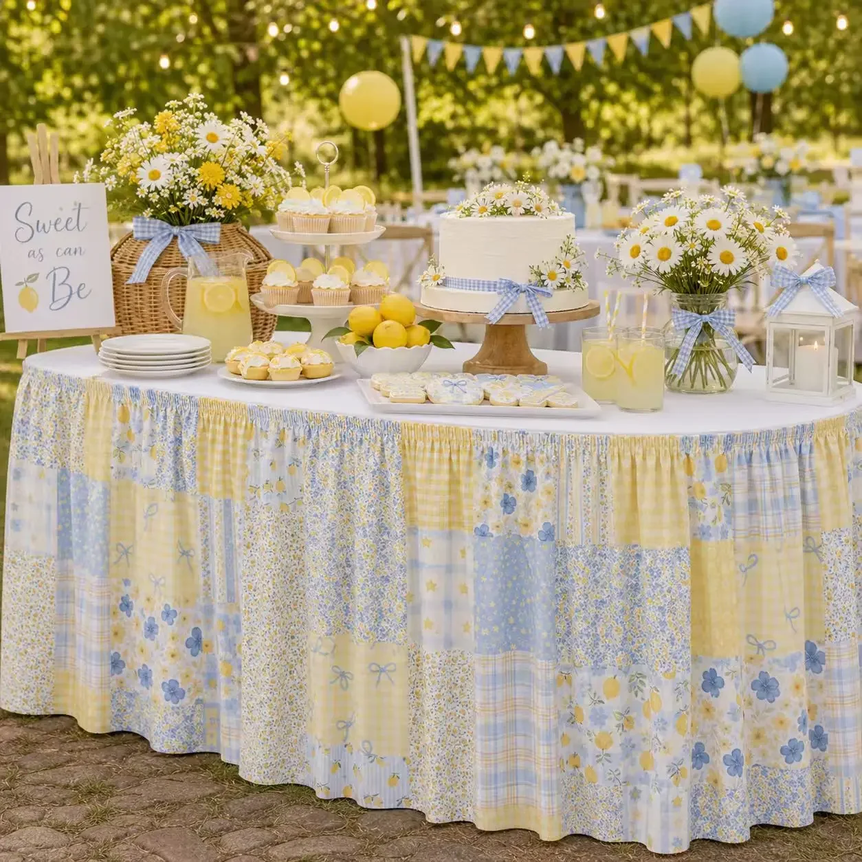 Table skirt: 1 piece. 2D flat printing. Pattern: Yellow and blue floral, lemon-shaped bow, checkered fabric.
