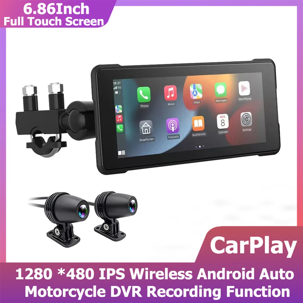 

6.86''Wireless Android Auto Full IPX7 Waterproof Touch Monitor Navigation Screen Motorcycle DVR Carplay Front and Rear Camera