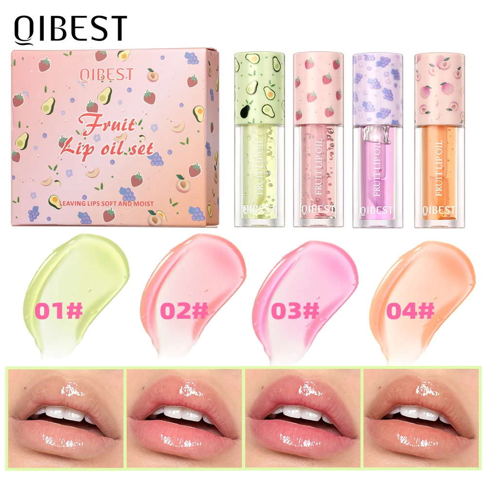 4 Colors Fruit Flavor Lip Oil Balm Set Repair Lip Moisturizing Makeup Mirror Primer Lip Lipstick Gloss Hydrating Glass Lip Glaze