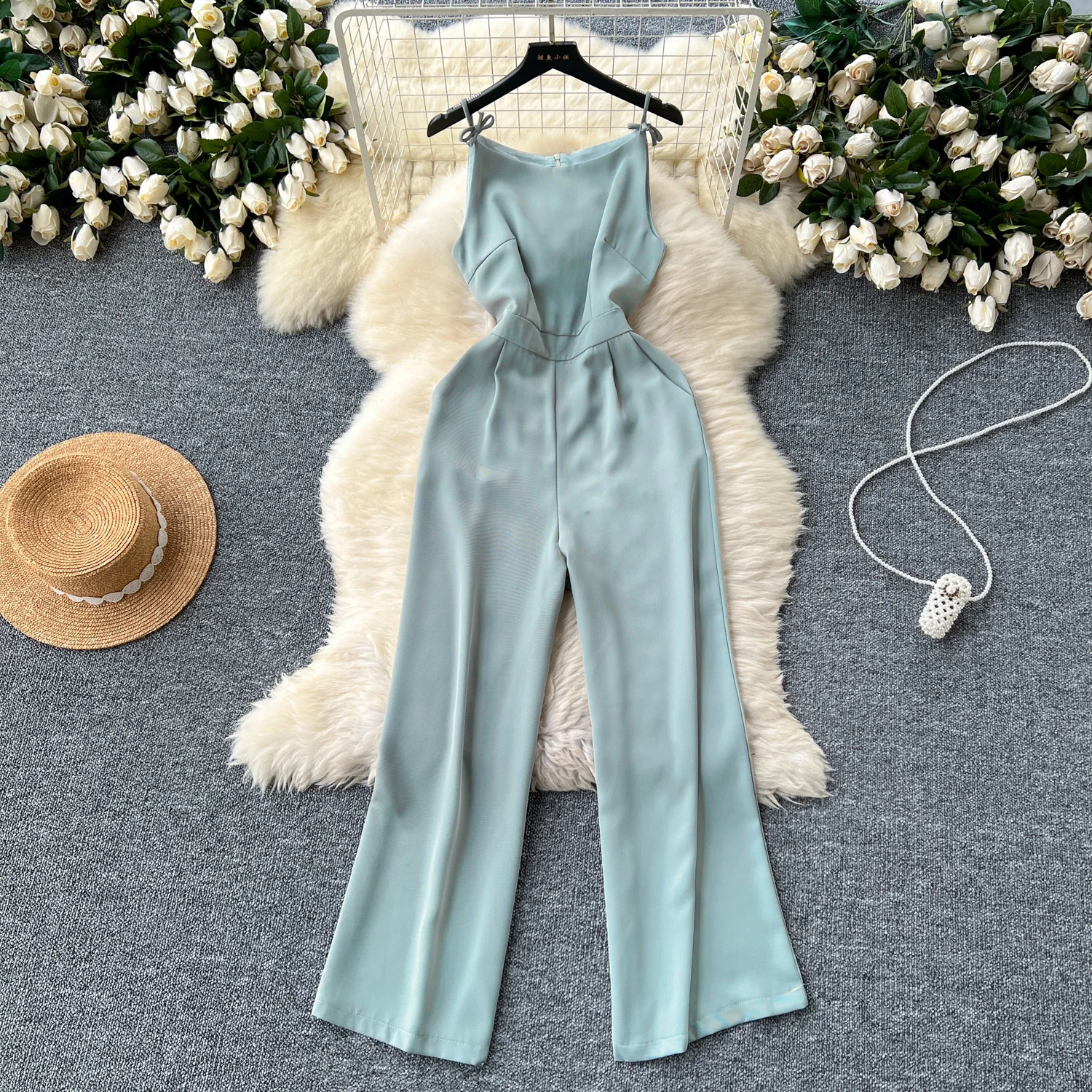 

Women Summer Jumpsuits Solid Spaghetti Strap Bow Slim Wide Leg Bodysuits Female Casual Streetwear Commute Suspender Trousers