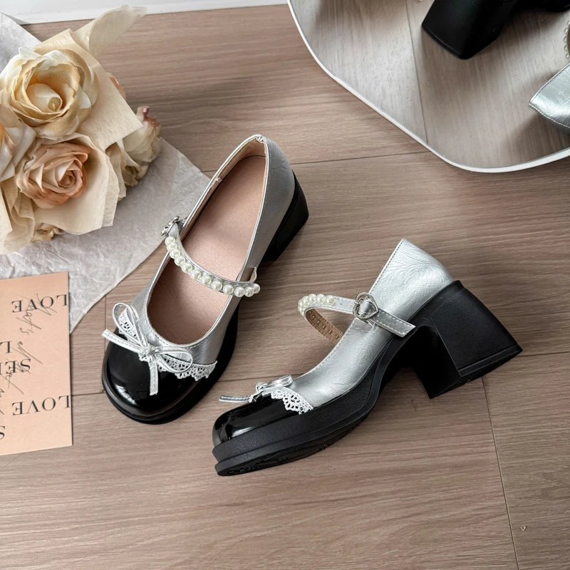 

Женские туфли Мэри Джейн на толстом каблуке с французским жемчужным бантом, новинка 2025, стильные туфли на одном ремешке с круглым носком и неглубоким отверстием