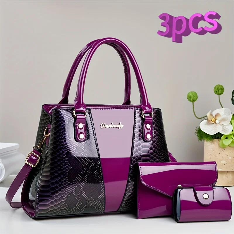 

Набор из 3 сумок с узором под змеиную кожу: модная блестящая сумка через плечо, кошелек и вместительная сумка-тоут на одно плечо