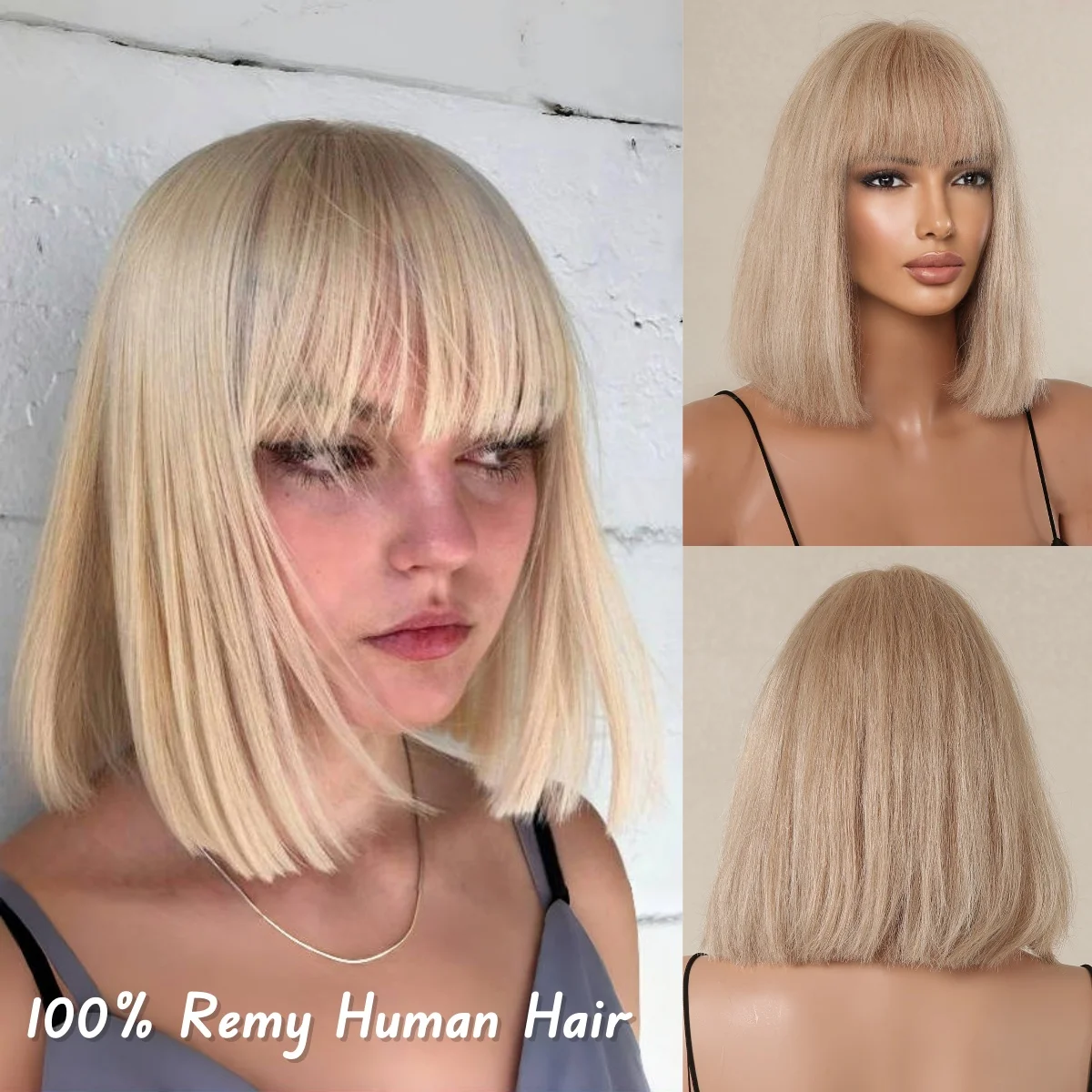 

100% Remy Human Hair Wigs Short Straight Blonde Natural Human Hair Wigs with Bangs for Women Glueless Bob Cut Hair Wigs 10inch