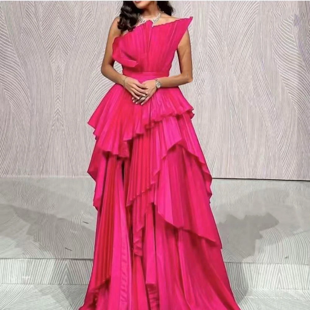 Unique Fuchsia Colored Prom Gowns Layered Pleated Long Maxi Gowns A Line vestido de festa Off Shoulder Sexy Party Dress Split