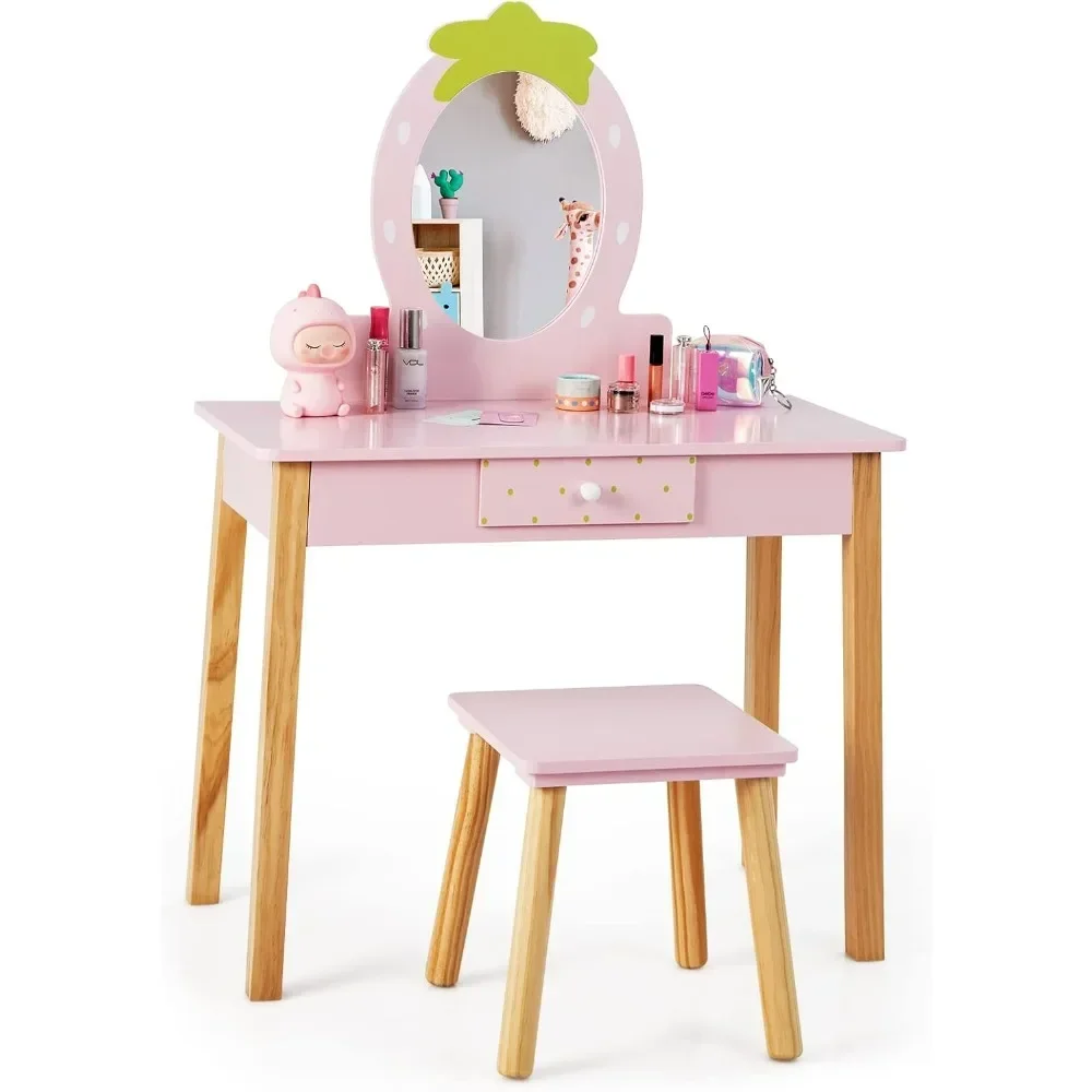 

Kids Vanity, Strawberry Themed Princess Makeup Vanity Set for Little Girls, Toddler Bedroom Dressing Table & Stool, Vanity Set