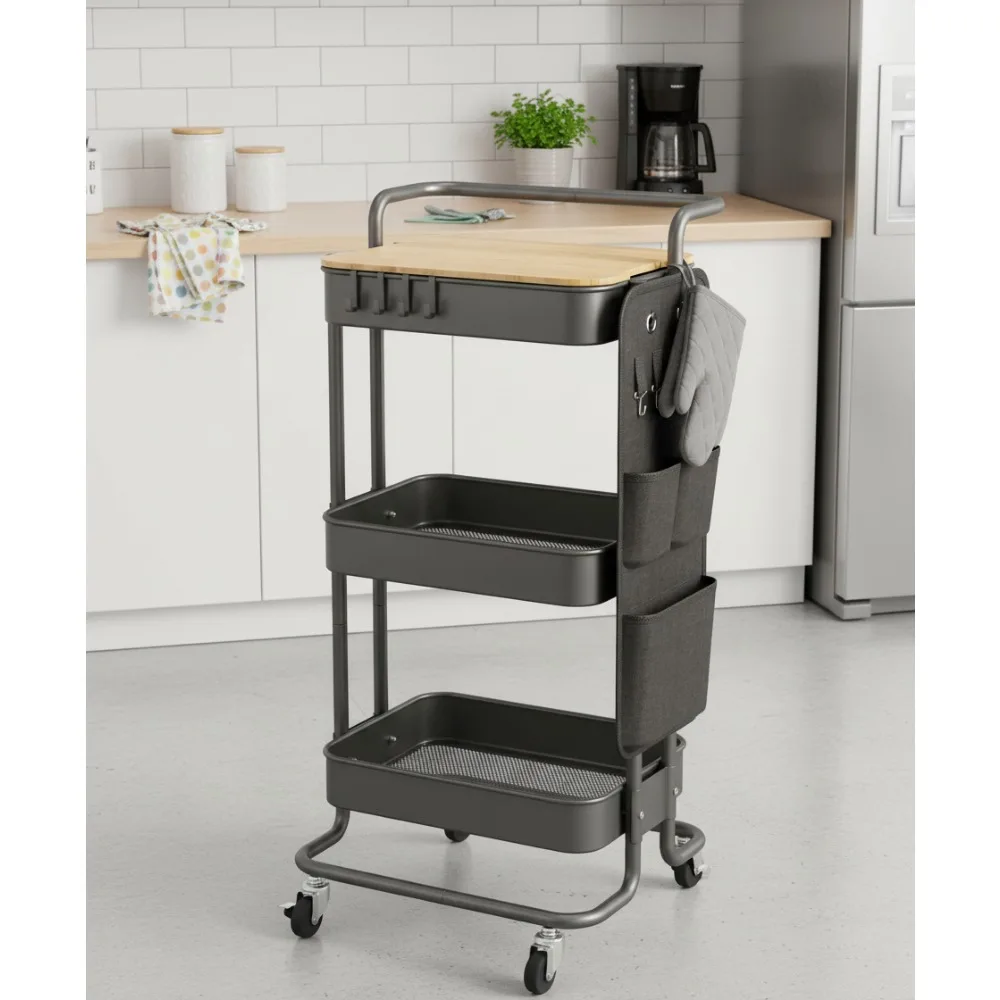 

3-Tier Rolling Storage Cart with Table Top, Side Bags & 4 Hooks - Kitchen Bathroom Office Organizer (Black)