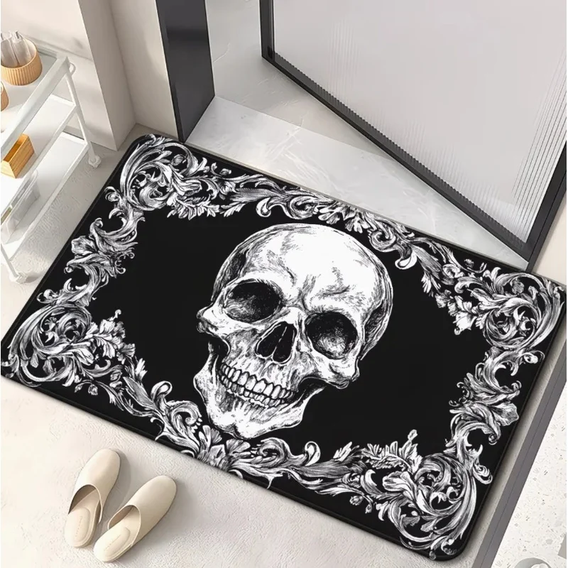 VIKAMA Gothic Vintage Floral Frame Skull Print Anti-slip Mat Water Absorbent Rug Bedroom Bathroom Entryway Decor Floor Carpet