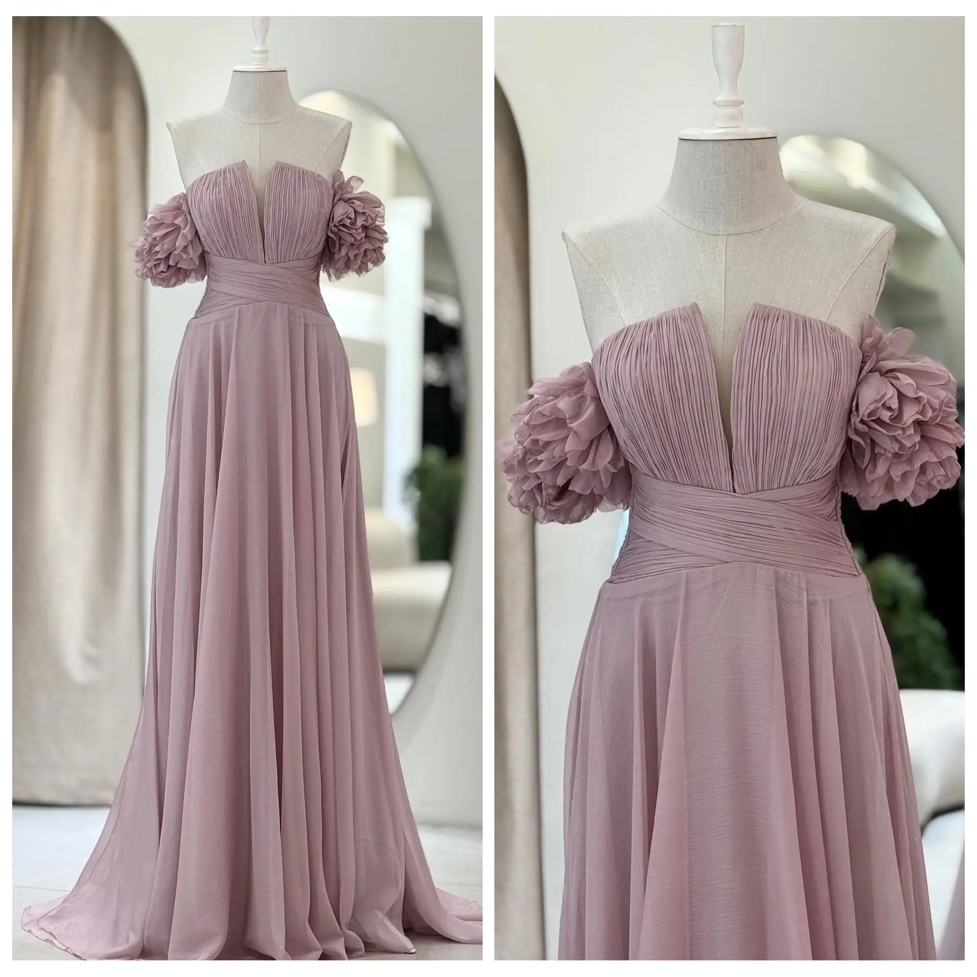 

Custom Made Graceful Boat Collar Chiffon Pleated Evening Gown Crisscross A-line Ruffles Maxi Backless Prom Dress with Train