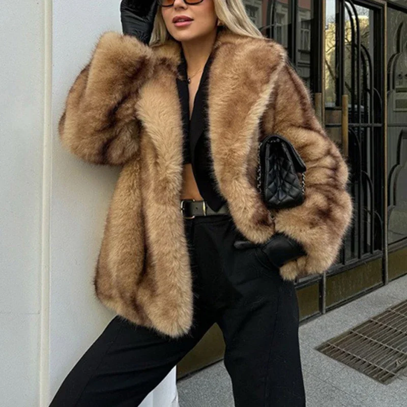 Luxe gradiënt nepbontjas dames chique meisjes revers wintermode oversized vintage vrouwelijke warme harige overjas