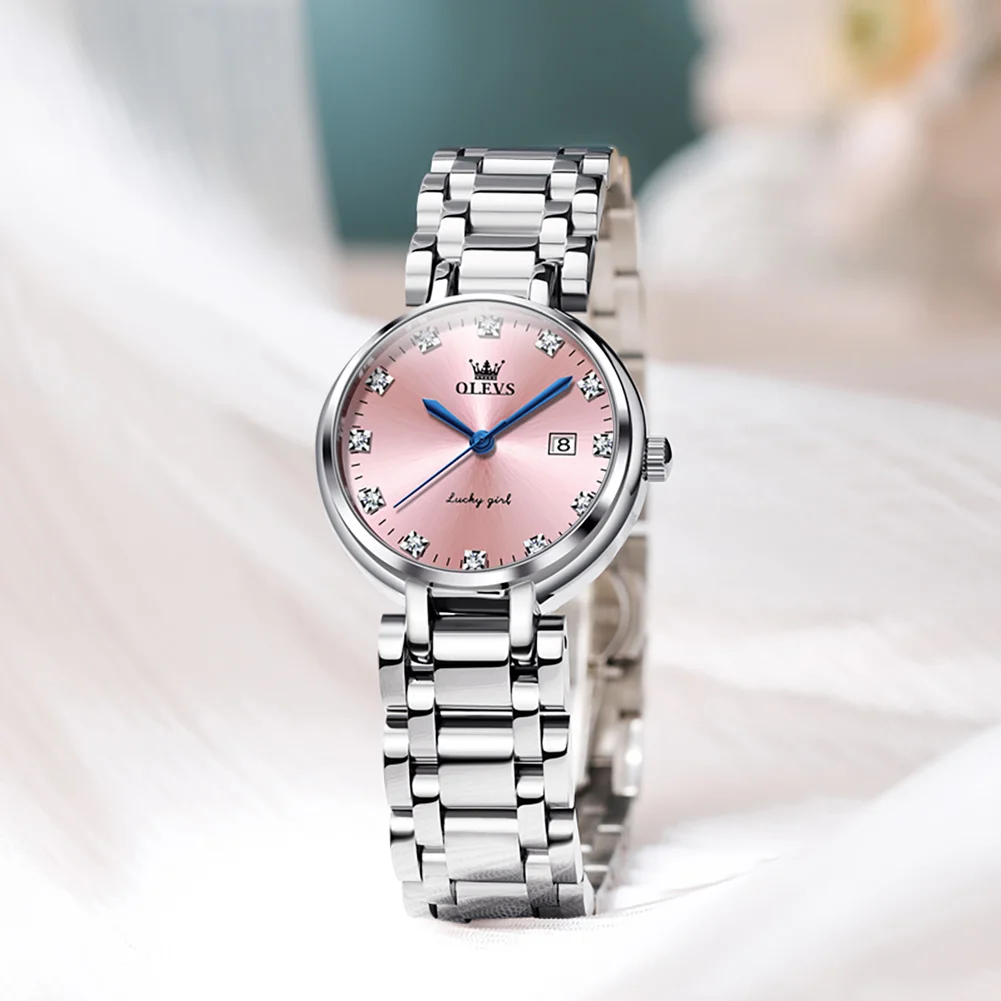 OLEVS Pink Women Wrist Watches For Ladies Stainless Steel Quartz Watches Female Rhinestone Clock Hour Gift For Dropship New