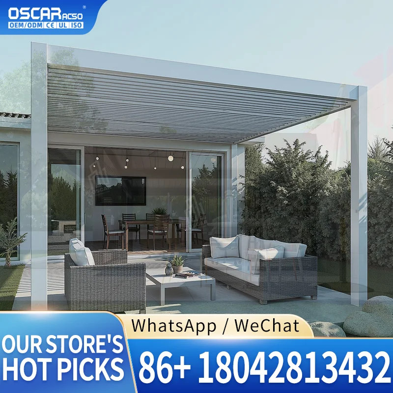 Modern Motorized Waterproof Electric Opening Louver Roof Garden Metal Structure Similar to Gazebo and Pergola with LED Light for
