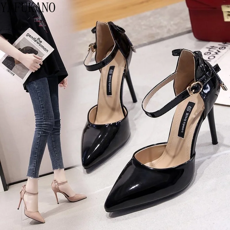 9Cm Sexy Patent Leather Stiletto High Heels Temperament Mid Hollow Women Shoes Pointed Toe Shallow Mouth Bow Word Buckle Pumps