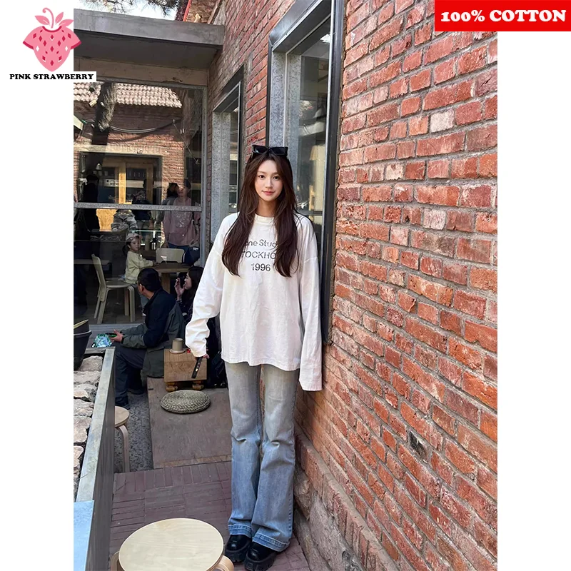 

Korean style Letter Long sleeved T-shirt Women Autumn Winter 2025 New 100% Cotton White T-shirt Loose Y2k Top Female clothing