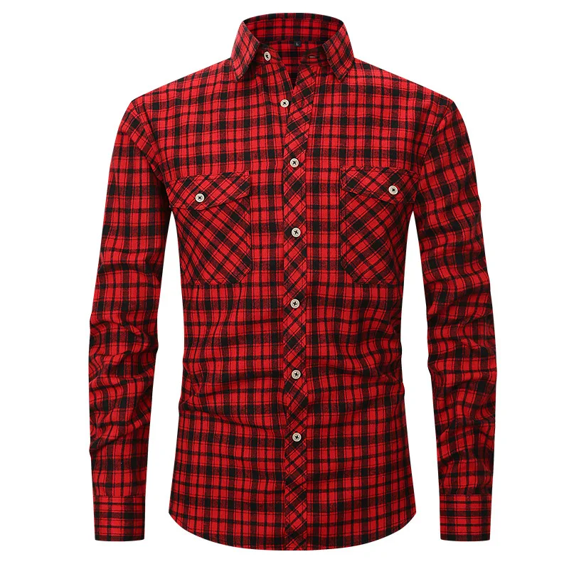 Men Spring/Summer Trendy Shirt Plaid Pocket Casual Outwear Men's Slim Fit Shirt Autumn Woolen Cardigan Long Sleeve