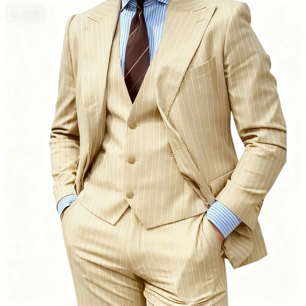 

High-Quality Three-Piece Striped Terno Art Wedding Jacket Single Breasted Pants Vest Men's Terno Suit