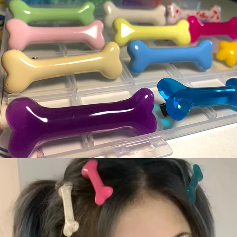 Presilhas de Cabelo em Formato de Osso Kawaii, Acessórios de Cabelo Femininos e para Meninas, Estilo Y2K Gótico, Grampos Laterais em Formato de Osso d
