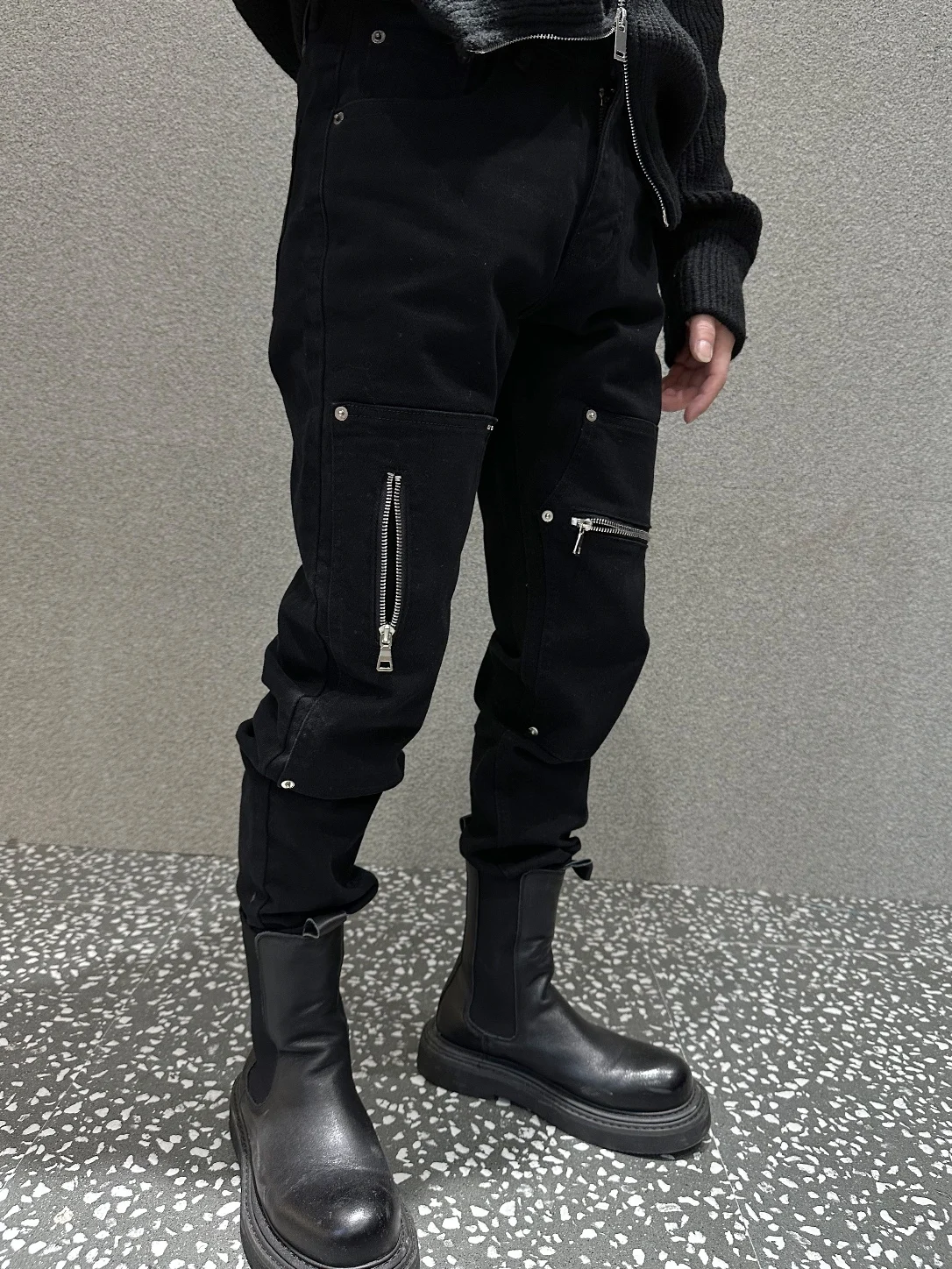 Men's Fashion Zipper Rivet Personality All-Matching Jeans Micro-Elastic Slim Fit Pants Slimming Solid Color Men's Trousers