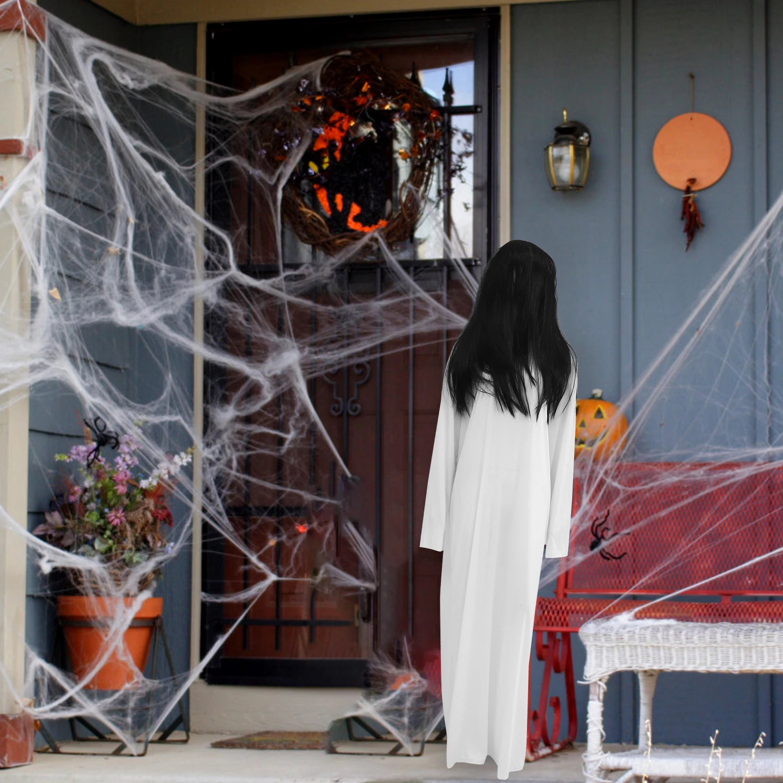 

Halloween Horror Costume Cosplay White Clothing Black Hair Ghost Set Women Breathable Lightweight Eco-Friendly Haunted House