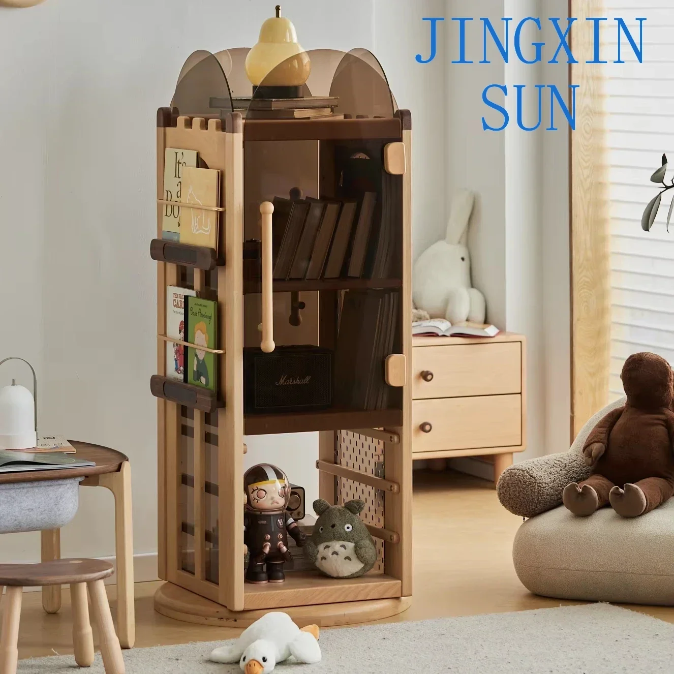 -Adjustable Function Large Storage Children Wooden Bookcase Solid Wood Rotating Bookshelf for Kids