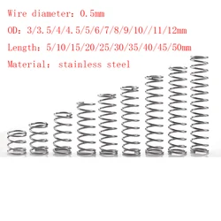 20pcs/Lot 0.5mm Stainless Steel Micro Small Compression Spring OD 3/3.5/4/4.5/5/6/7/8/9/10/11/12mm Length 5mm to 50mm