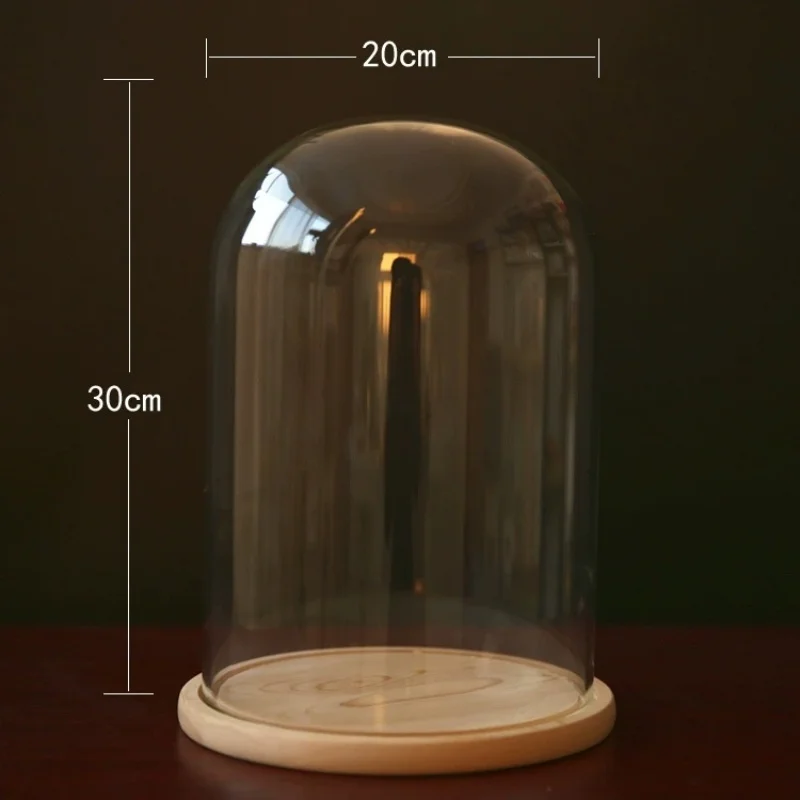

1PCS 20*30cm Clear Glass Dome with Wooden Base Dia 20cm Handmade Glass Dome Flower Storage Box Tabletop Home Decor Glass Cover