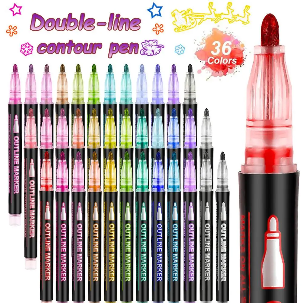 24/36 Color Double Line Outline Art Marker Pen For DIY Scrapbook Poster Cards Painting Drawing Graffiti Glitter Highlighter
