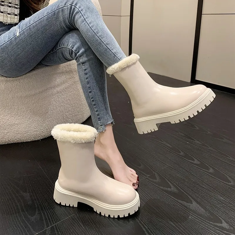 

White Boots For Women In Winter 2023 New Winter Velvet Thickened Snow Boots British Style Thick Sole Soft Leather Short