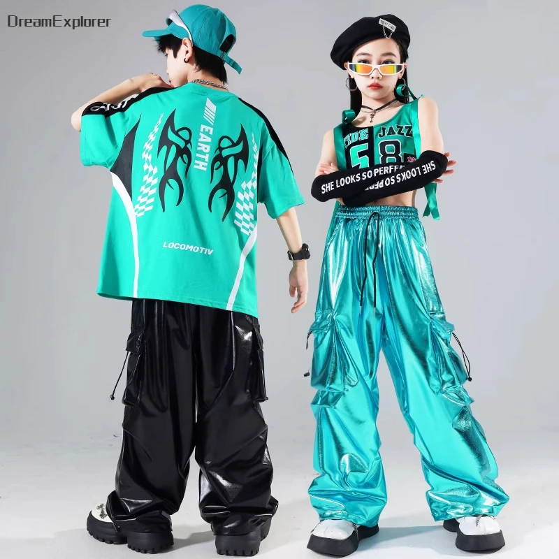 Hip Hop Boys Fashion T-shirt Shiny PU Leather Cargo Pants Girls Crop Top Kids Street Dance Streetwear Children Jazz Clothes Sets