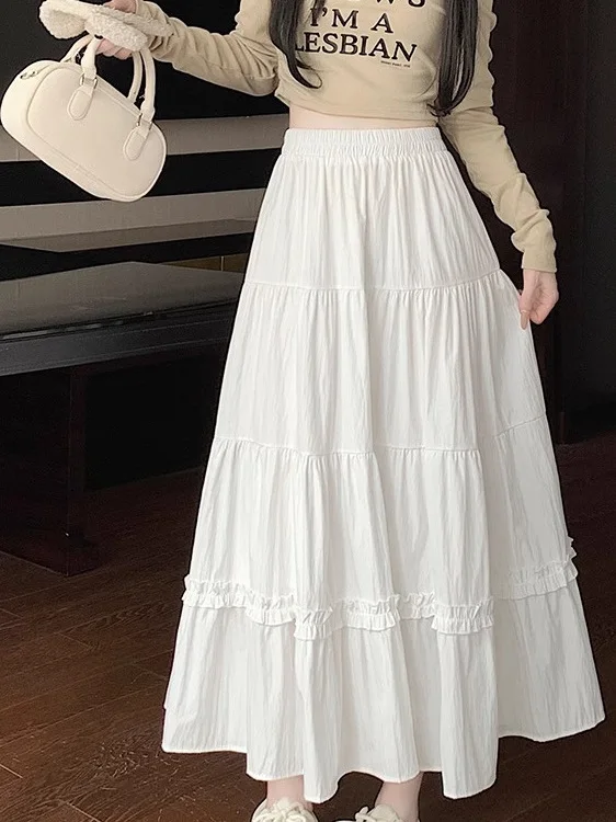 

White Asymmetric Long A-Line Skirt High Waist Slimming Casual Wooden ped Korean Sle Knitted Cake Skirts for Women