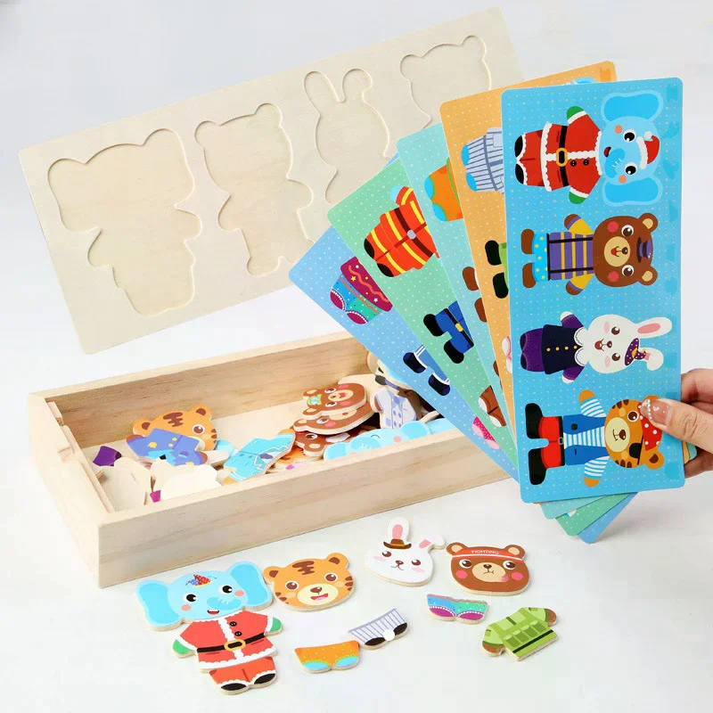 Rompecabezas de vestir de madera, juguetes Montessori, ropa de cambio de oso Animal, caja de rompecabezas, juegos a juego, vestir, conjunto de viaje para chico