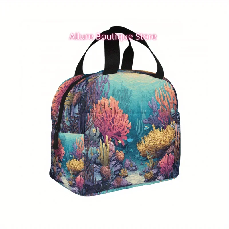 1pc Coral Reef Underwater Themed Lunch Bag for Adults - Small Square -Friendly Lunchbox Carrier with Marine Life Print, Soft Han