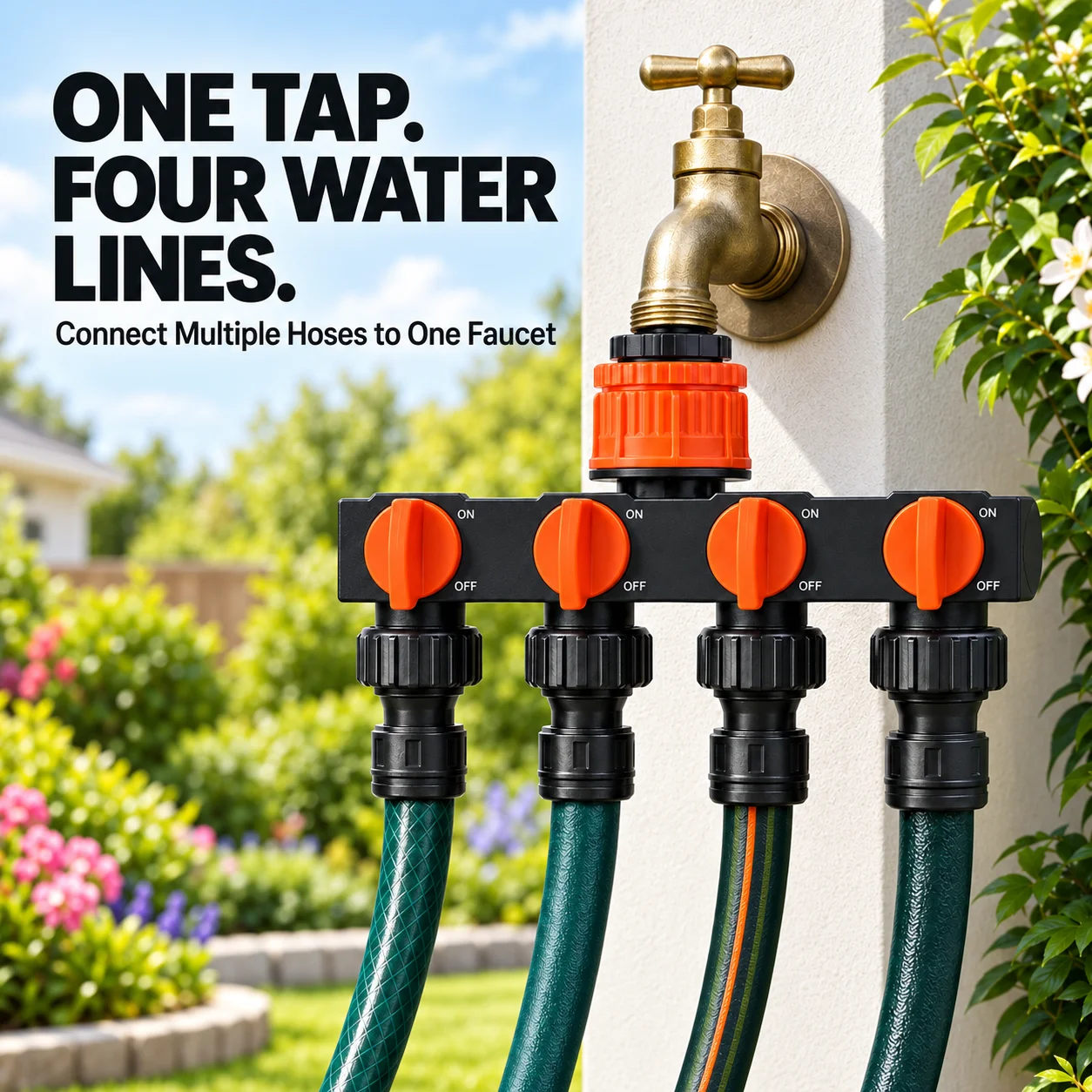 4 Way Garden Hose Splitter with 4 Independent Shut Off Valves, Outdoor Faucet Water Distributor for Lawn Irrigation