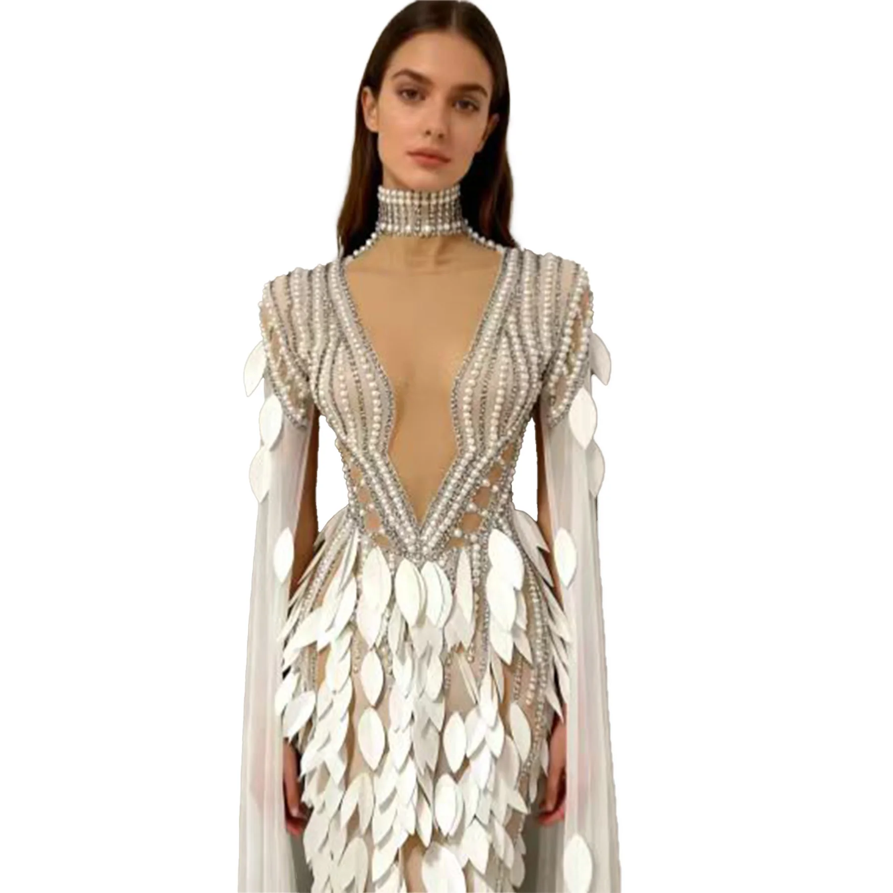 Changer elegante feminino vestido de pérola sexy branco transparente malha em camadas pena vestido longo bar palco desempenho traje vestido de baile