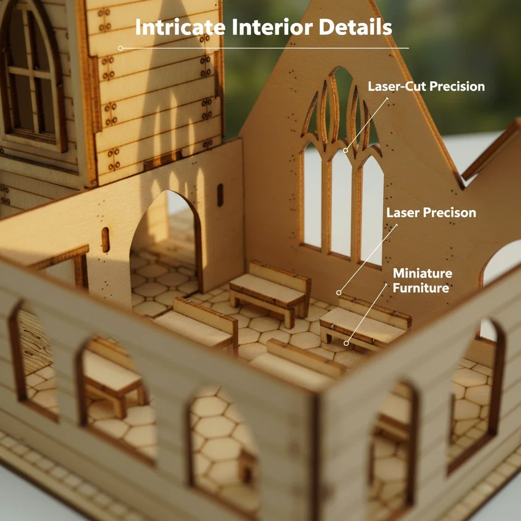 ชุด DIY ไม้ 3 มิติ “หมู่บ้านชนบท” ของ OUZEY, โมเดลบ้านจิ๋วและโบสถ์, ของตกแต่งโต๊ะสำหรับทุกเพศทุกวัย
