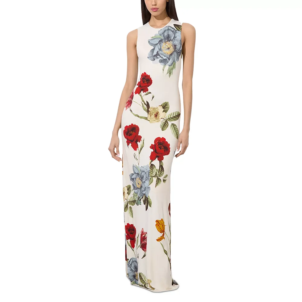 Modern Style O-neck Sleeveless Evening Dresses Backless Flower Pattern Prom Gowns Customized Straight Floor Lenght Evenig Gowns