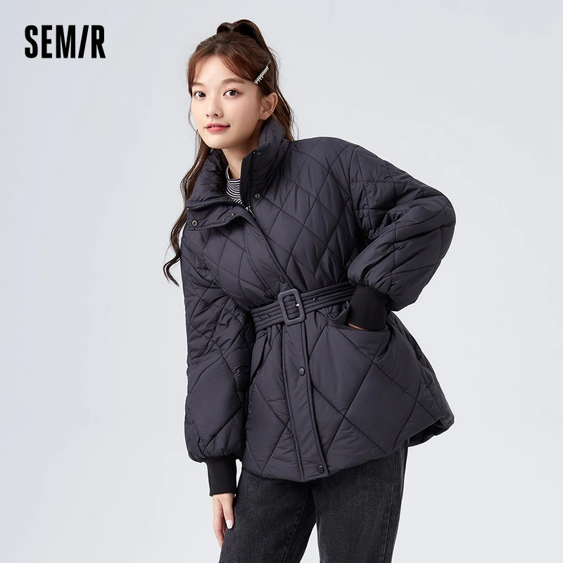 Semir-abrigo de algodón con cintura en forma de diamante para mujer, chaqueta suelta repelente al agua, longitud media, temperamento para ir al