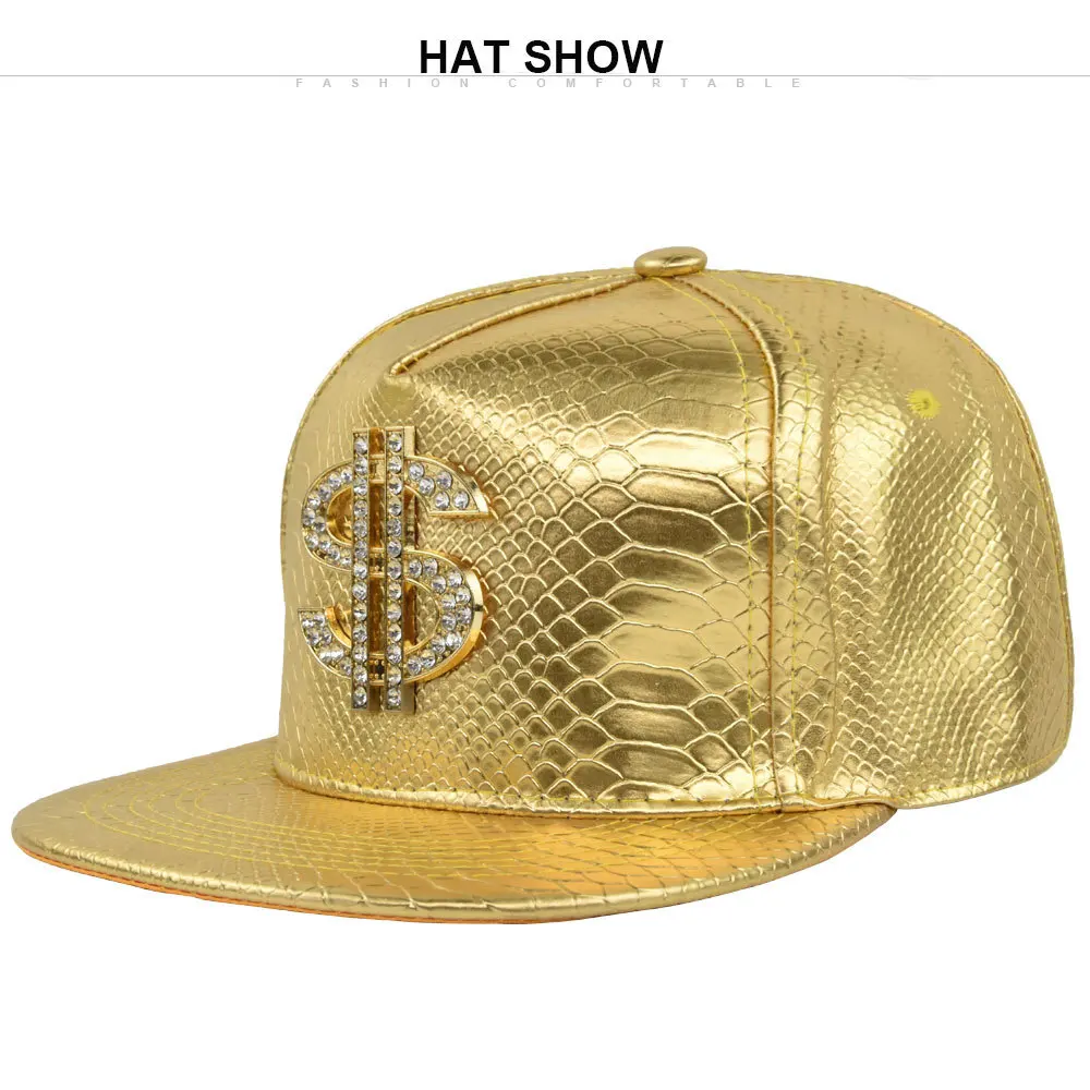 

PU Leather Hip Hop Hats Bulk Flat Brimmed Hat Gold Funny Hat Snapback Rock Cap Unisex Rapper Baseball Cap Dancing Party Costume