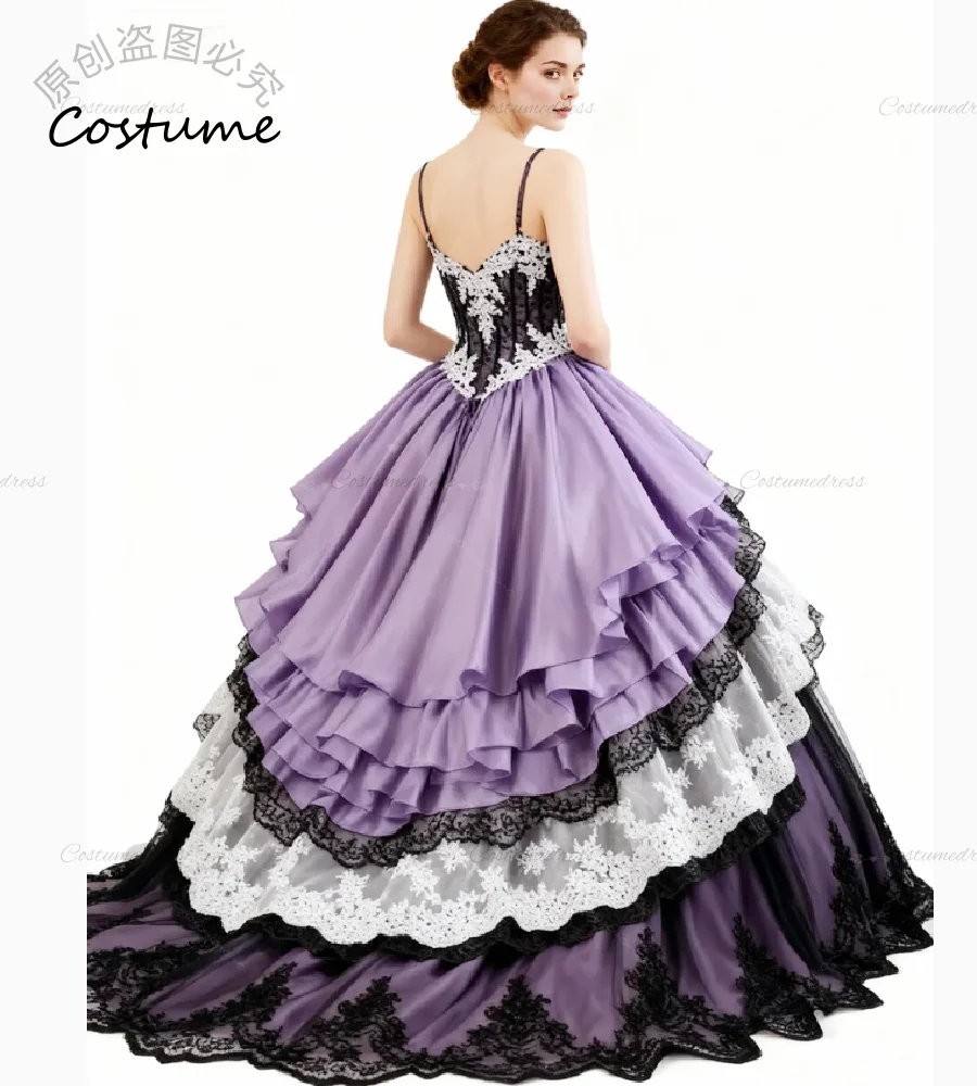 Glamorous Purple Black Gothic Wedding Gowns Sexy Spaghetti Straps Tiered Lace Victorian Bridal Gowns Vintage Medieval Baroque